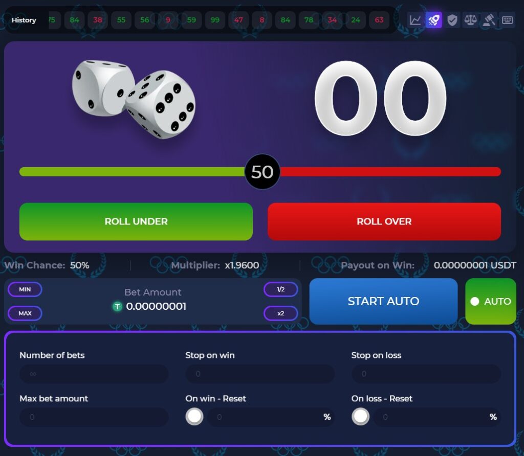 Crypto dice game interface at StarBets.io, showing roll under and roll over options with a 50% win chance.