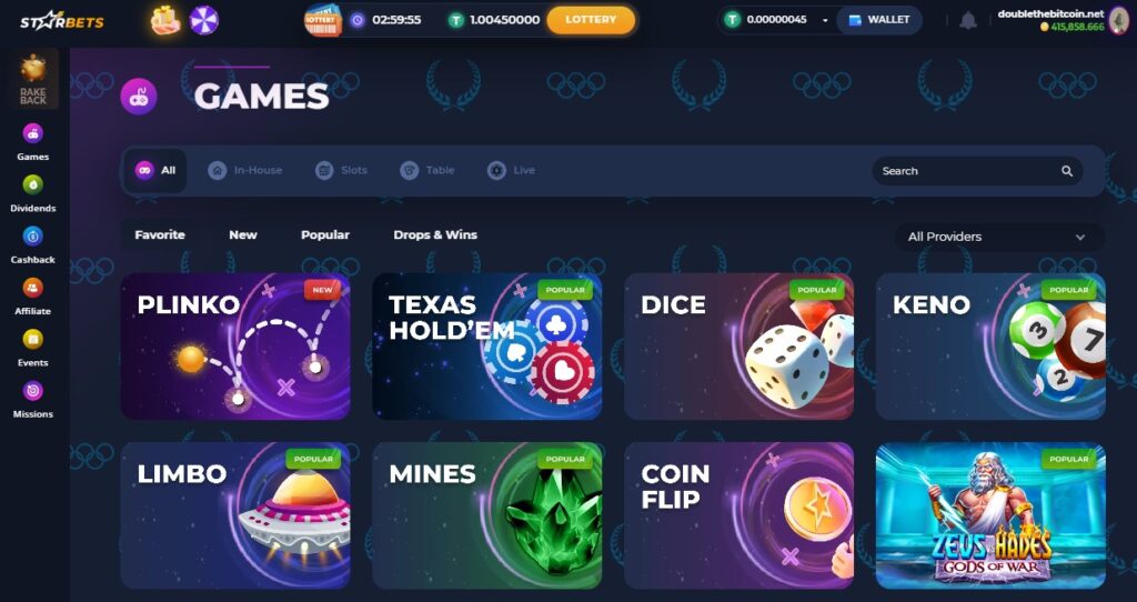 Game lobby at StarBets.io showcasing popular games like Plinko, Texas Hold'em, Dice, Keno, and more.