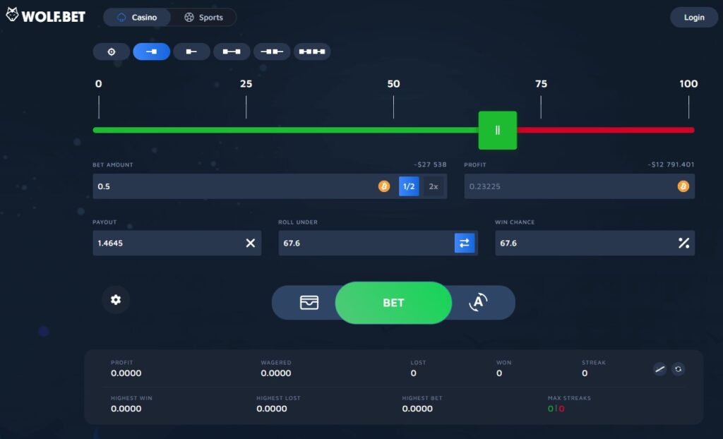 wolfbet dice interface